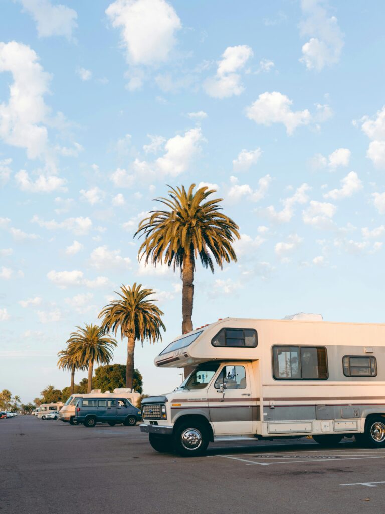 RVs parked under palm trees in a bright daylight urban parking lot setting.